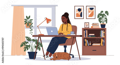Focused young Black woman works on a laptop in a cozy home office filled with green indoor plants and books while her dog rests under the desk.