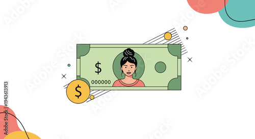 Creative illustration depicts a green currency note featuring a portrait of a smiling woman with a bun hairstyle surrounded by dollar coin icons.