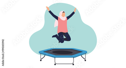 Energetic woman wearing a pink hijab and athletic gear jumps high in the air with her arms raised while playing on a blue hexagonal trampoline.