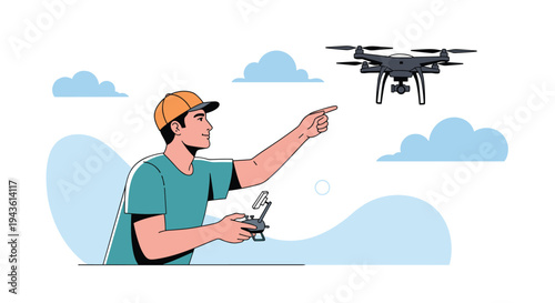 Young man wearing an orange cap and teal shirt points at a black professional drone flying in a blue sky while holding a remote control device.