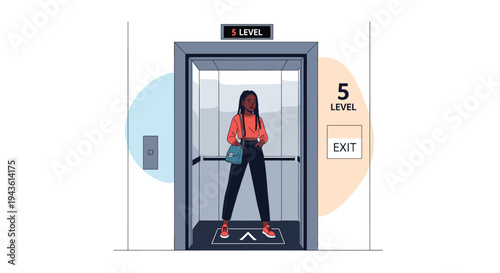 Stylish Black woman wearing a red sweater and black pants stands inside a modern grey elevator while traveling up to the fifth floor level.