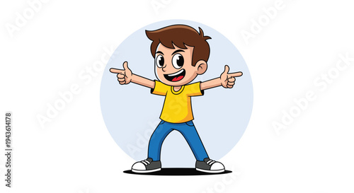 Happy cartoon boy with brown hair wearing a yellow shirt and blue jeans pointing his fingers in both directions on a light background.