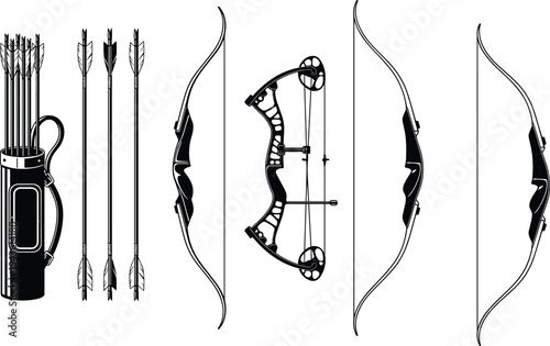 Archery bow, arrows and quiver icons set, traditional and compound hunting sport equipment vector illustration isolated on white
