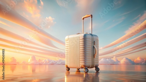 A photo of a soft abstract background with gentle hues blending from light salmon to white, featuring a suitcase on wheels adorned with vibrant gradie