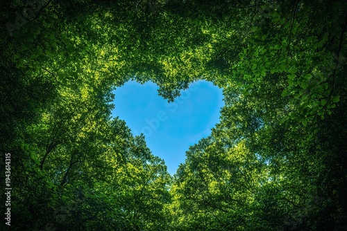 Heart-shaped opening in a dense green forest canopy reveals clear blue sky above, symbolizing nature and love.
