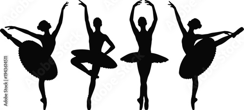 Ballet dancer silhouettes set performing classical dance poses with tutu graceful ballerina movements isolated vector illustration for theater performance art design