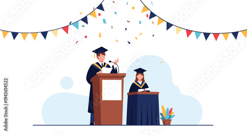 Male graduate student gives a speech at a podium during a university graduation ceremony with colorful banners and confetti in the background.