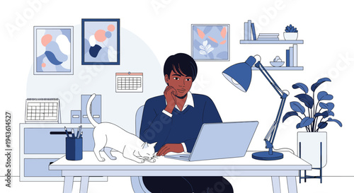 Young man sits at a bright desk working on a laptop while a curious white cat walks across the table in a modern home office environment.