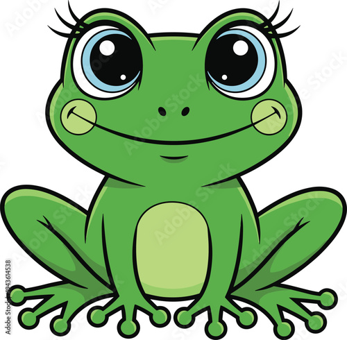 Cute cartoon frog character with big eyes sitting, adorable green amphibian mascot vector illustration isolated on white background