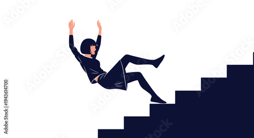 Silhouette of a young woman losing her balance and falling down a dark set of stairs representing an accident or failure.
