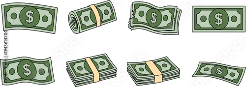 Cartoon dollar banknote and cash bundle collection with stacks rolls and single bills vector illustration for finance payment banking economy concepts