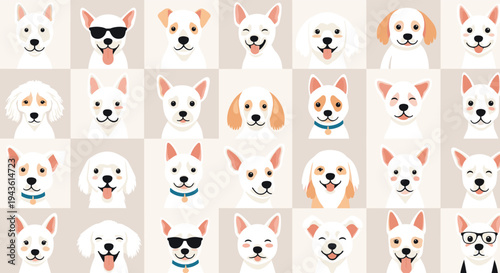 Seamless pattern background featuring various cute white dog faces with different expressions and accessories like sunglasses.