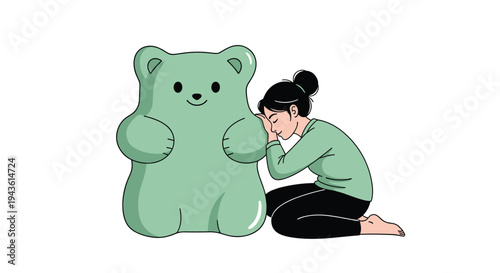 Young woman kneeling on the floor and gently leaning her head against a giant green gummy bear toy for comfort and relaxation.