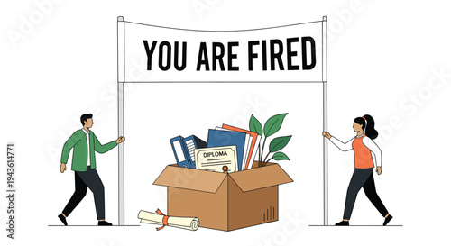 Disappointed man and woman holding a large banner that says you are fired while a cardboard box of office supplies sits on the ground.