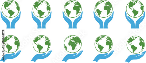 Hands holding globe icons set representing environmental protection, global care and sustainability vector illustration isolated on white background