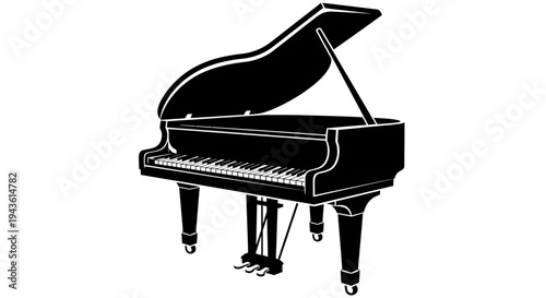 Silhouette of a grand piano on stage with a sleek black finish, captured as a still life instrument portrait.
