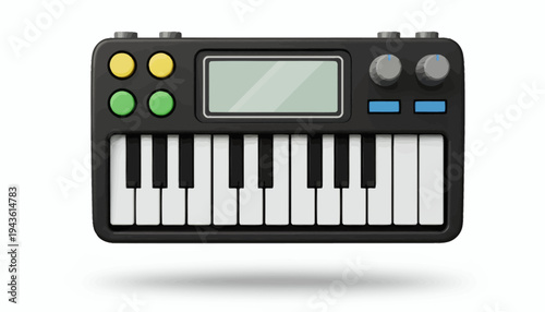 Compact electronic keyboard toy with colorful buttons and small display for music play and learning.