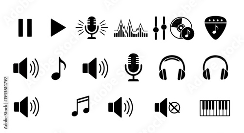 Collection of vector icons featuring media controls, audio symbols, headphones and musical notes for UI design.