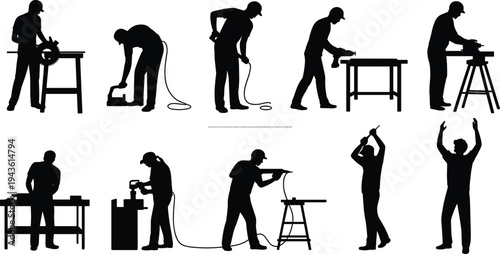 Carpenter and construction worker silhouettes using power tools drilling cutting sanding woodworking workshop industry labor isolated vector illustration set