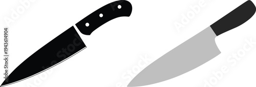 Chef kitchen knife icons set isolated showing cooking knife tool for food preparation culinary equipment in silhouette and flat style