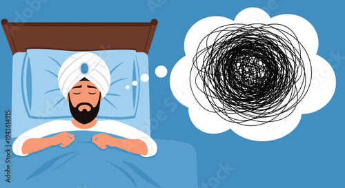 Man wearing a white turban lying in bed and experiencing stressful thoughts represented by a chaotic black scribbled cloud.