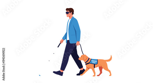 Blind man wearing dark sunglasses walking with the help of a white cane and a trained golden retriever service dog.