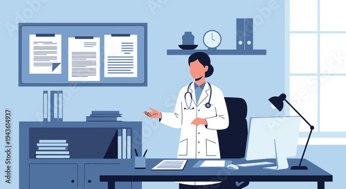 Professional female doctor in a white coat standing in her clinical office and explaining medical documents to a patient.