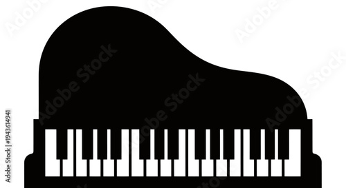 Silhouette of a grand piano with a prominent keyboard against a stark black and white background.