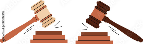 Judge gavel striking sound block icons set, courtroom law and justice decision vector illustration isolated on white background