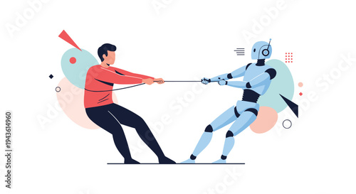 Man and a robot competing in a tug of war game representing the struggle or collaboration between humans and technology.