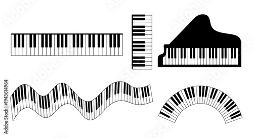 Abstract Collection of Piano Keys and Musical Waveforms Across Staves.