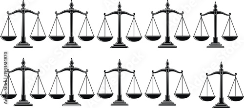 Justice scale icons set representing law balance and legal equality symbol vector illustration isolated on white background