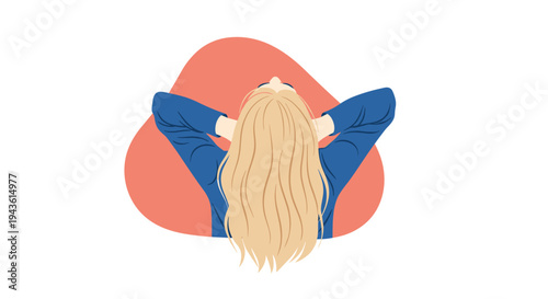View from above of a woman with long wavy blonde hair resting her head in her hands on a soft orange background.