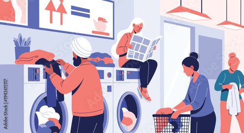 Diverse group of people doing their laundry in a public laundromat with washing machines and baskets in a community setting.