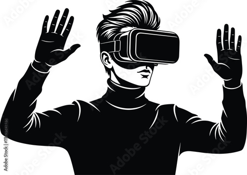 Man using virtual reality headset with raised hands, VR technology experience silhouette vector illustration isolated on white background
