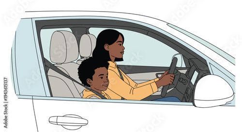 African American mother driving a modern car while her young son sits in the front passenger seat wearing a seatbelt for safety.
