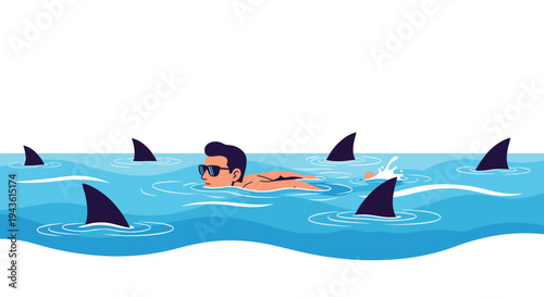 Man wearing sunglasses swimming in the ocean while several dark shark fins circle around him representing danger or risk.