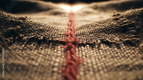 Closeup of burlap fabric with red stitching.