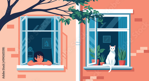 Sad young woman looking out of an open window from her apartment while a white cat sits in another window next to houseplants.