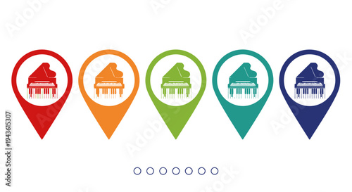 Colorful row of coffee cup map pins arranged as vibrant markers.