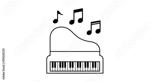 Iconic piano illustration with musical notes representing a grand piano for music hobby and leisure use.