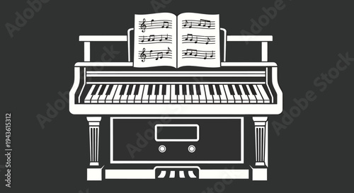 Classic upright piano with open sheet music in a monochrome illustration.