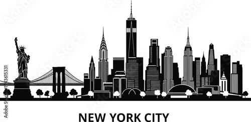 New York City skyline silhouette with famous landmarks and skyscrapers travel vector illustration isolated on white background