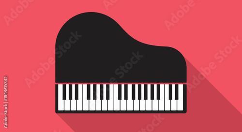 Minimalist illustration of a grand piano against a bold red background with shadow.