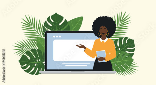 Professional black woman presenting a generic website layout on a large laptop screen surrounded by vibrant green tropical palm leaves.