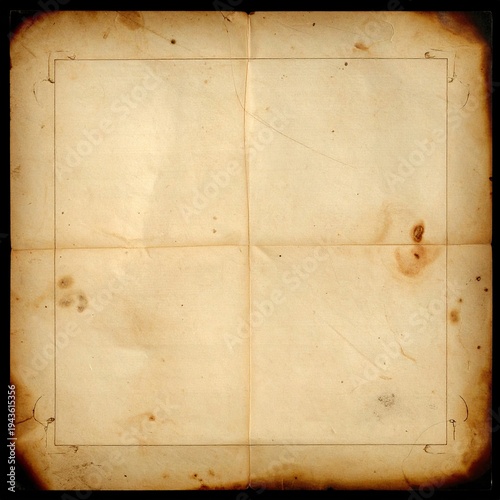 Aged, textured paper, folded into quadrants with a decorative frame