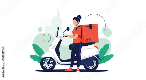 Female delivery courier standing next to a white motor scooter with a large orange thermal box for food transport in an urban setting.