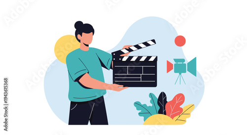 Creative woman holding a film clapperboard in front of an artistic abstract background with studio lights and colorful plant elements.