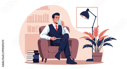 Professional man in a business vest sitting comfortably in a leather armchair and drinking a cup of hot coffee in a cozy library room.