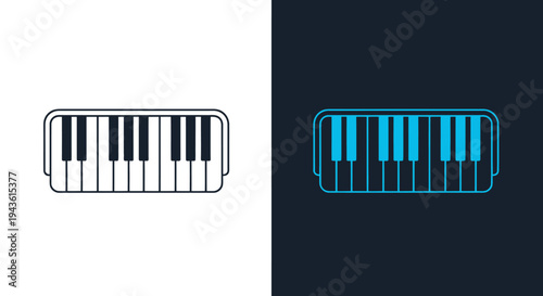 Minimal piano keyboard icon on light and dark backgrounds, abstract illustration.
